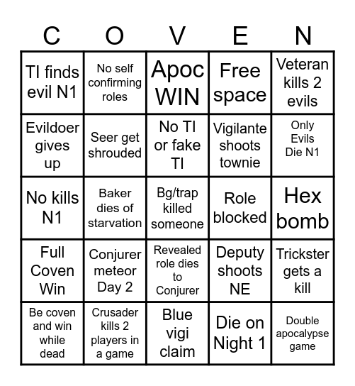 Town of Salem 2 BINGO BOARD Bingo Card