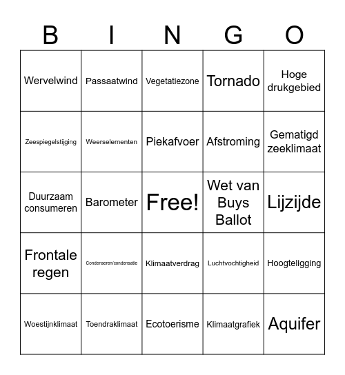Mavo 4 - weer en klimaat Bingo Card