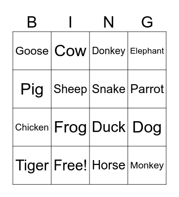 Animal sound bingo Card