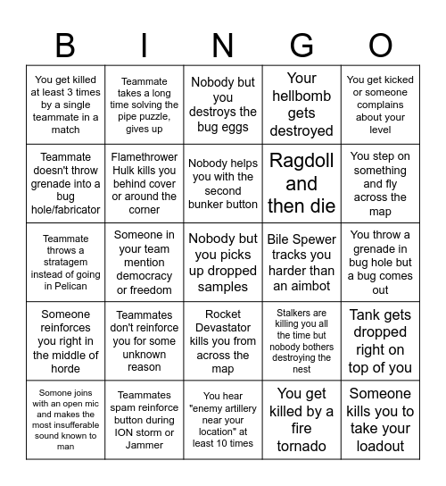 Helldivers Bingo Card