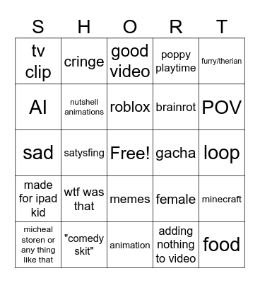 YOUTUBE SHORTS Bingo Card