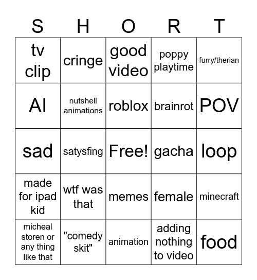 YOUTUBE SHORTS Bingo Card