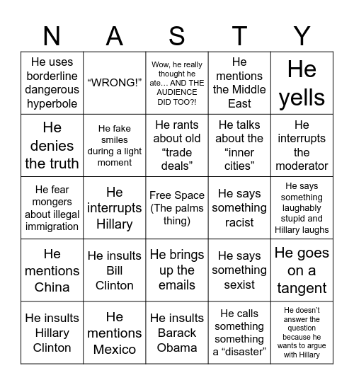 Donald Trump (during debate) Bingo Card