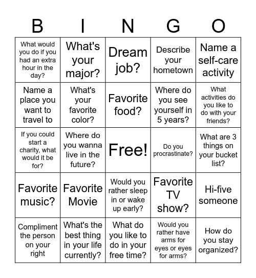 College Student Social Bingo Card