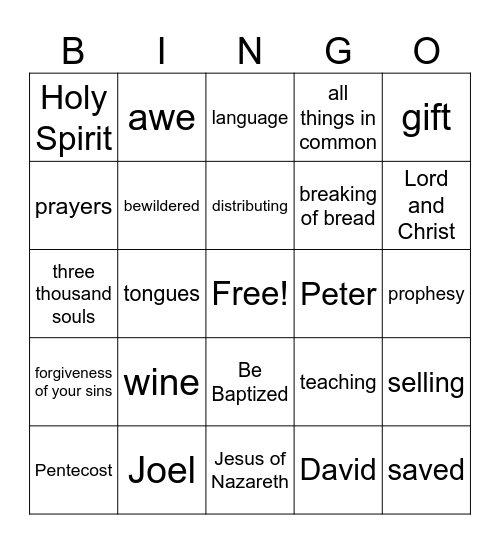 Acts 2 Bingo Card