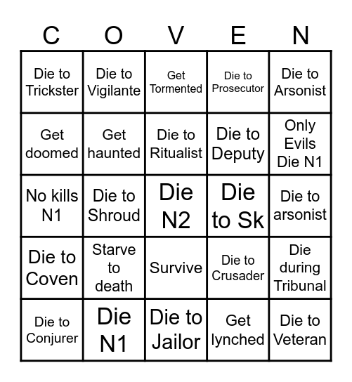 Town of Salem 2 BINGO BOARD Bingo Card