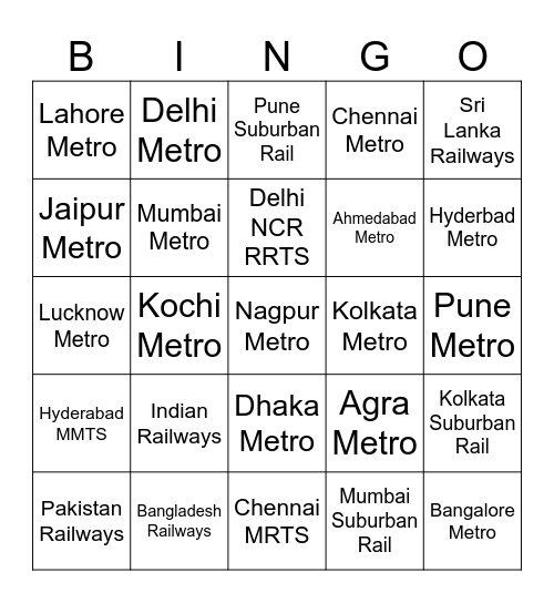 South Asia Rail Systems Bingo Card