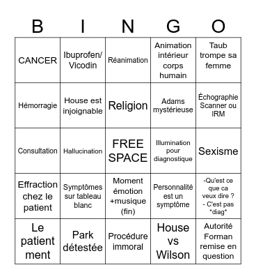 Dr House Bingo s8 Bingo Card