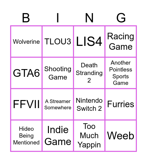 Summer Games Fest Bingo Card