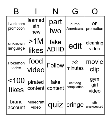 Tiktok Bingo Card