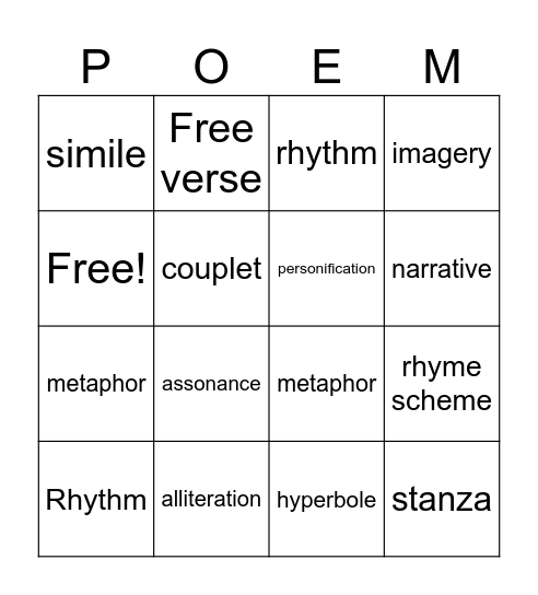 Poetic Devices Bingo Card