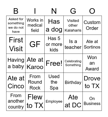 Guest Connection Bingo Card