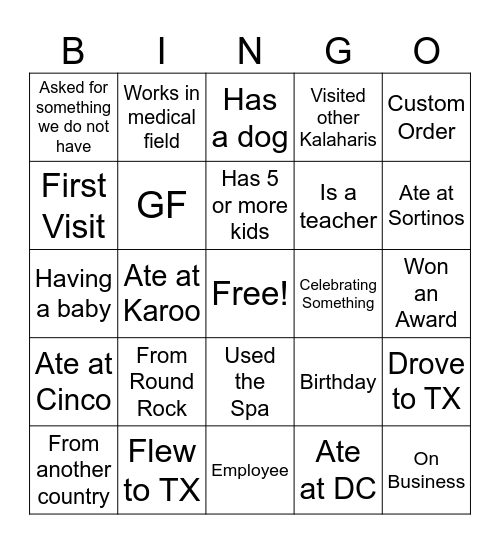 Guest Connection Bingo Card