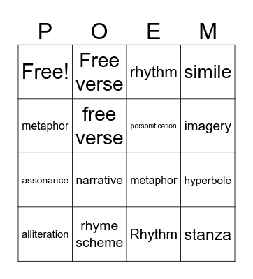 Poetic Devices Bingo Card