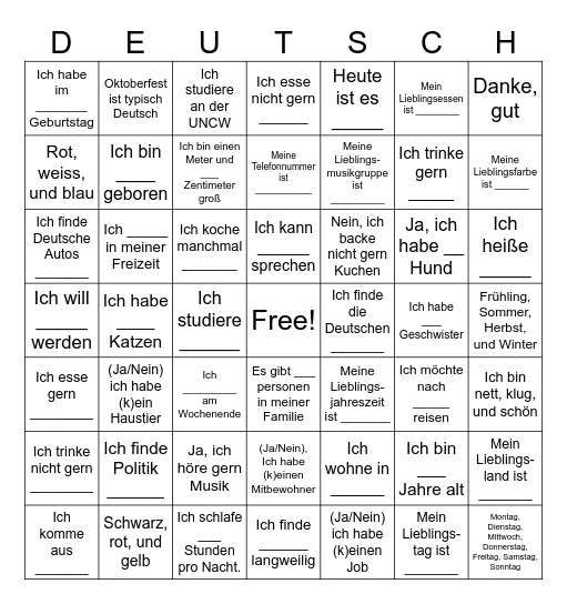Deutsch Bingo Card