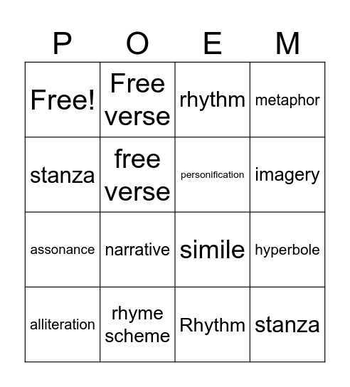 Poetic Devices Bingo Card