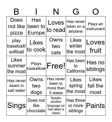 Get to know you... find someone who... Bingo Card