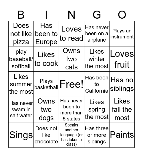 Get to know you... find someone who... Bingo Card