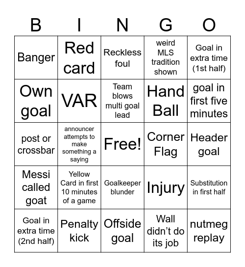 MLS all-star Game Bingo Card