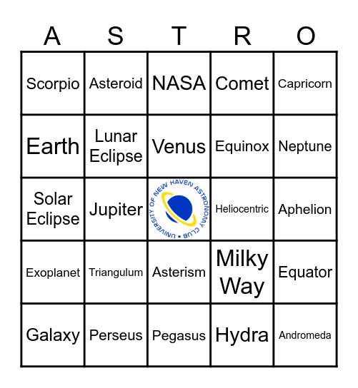 Astronomy Bingo Card