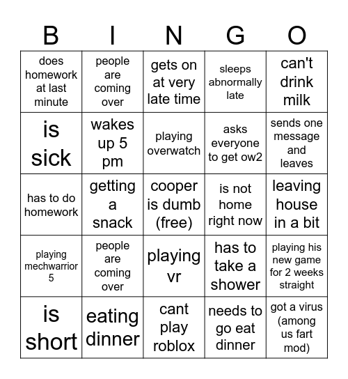 cooper bingo Card