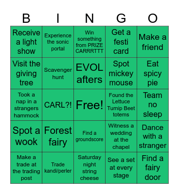 Electric Forest Bingo Card