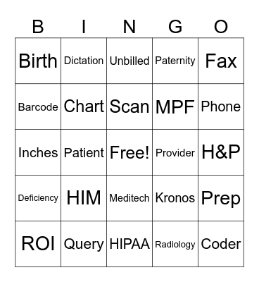 Medical Records Bingo Card