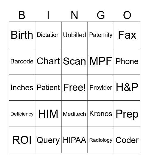 Medical Records Bingo Card