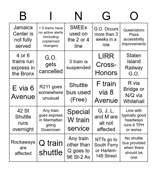 Weekend G.O. Bingo Card