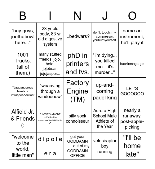 JOE'S 23rd BIRTHDAY BINGJO Bingo Card
