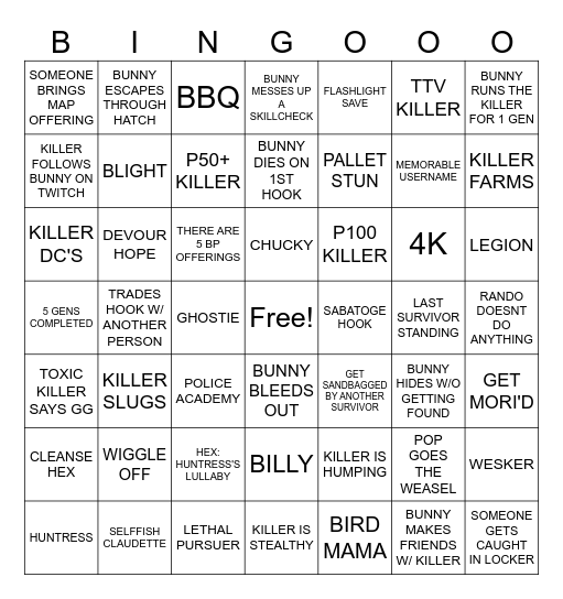 DBD BINGO W/ BUNNY Bingo Card