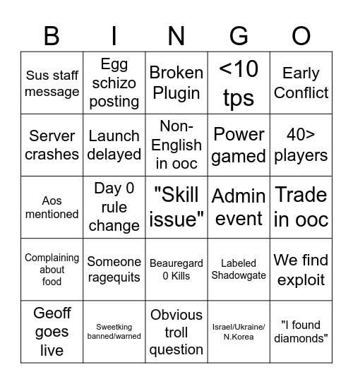 day 0 tfmc Bingo Card