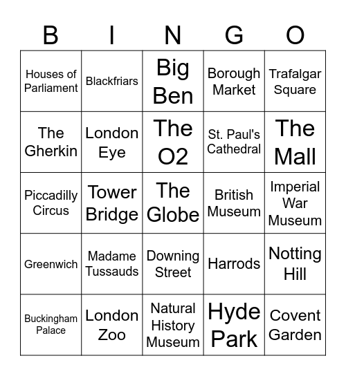 London sights and landmarks Bingo Card