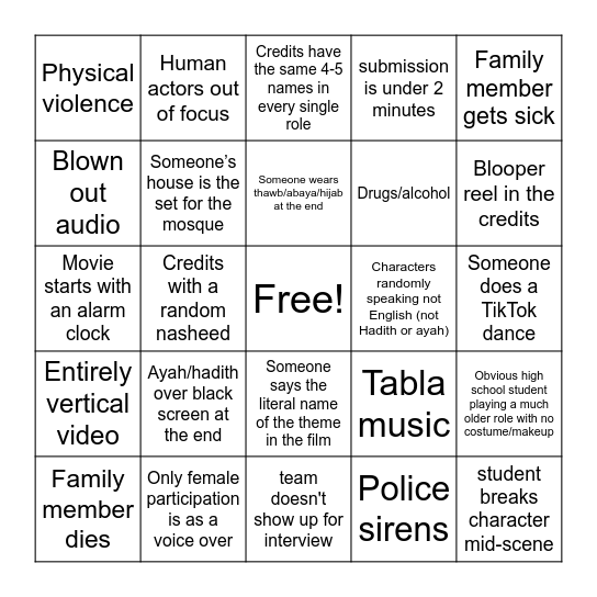 MIST Short Film Bingo Card