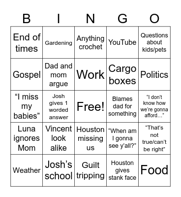 Weekly FaceTime w/ Mom Bingo Card