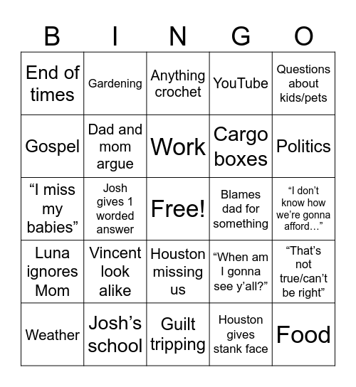 Weekly FaceTime w/ Mom Bingo Card