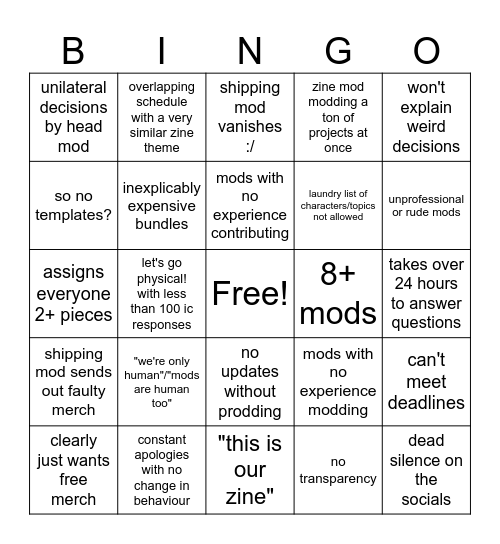 bad zine mod bingo Card