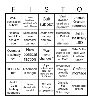 Amazon Fallout Adaptation Bingo Card