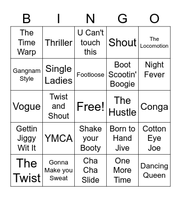 DANCE SONG BINGO!! :) Bingo Card