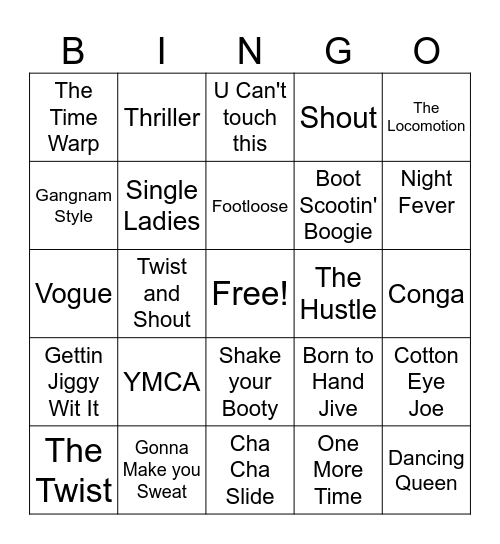 DANCE SONG BINGO!! :) Bingo Card