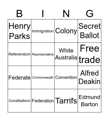 Federation 1901 Bingo Card