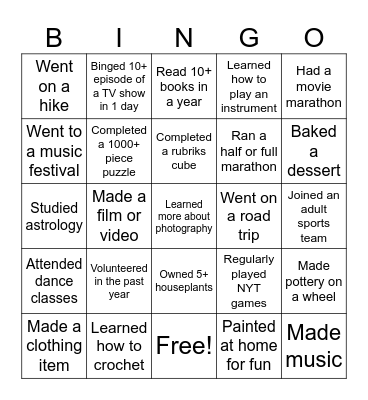 Hobbies Bingo Card