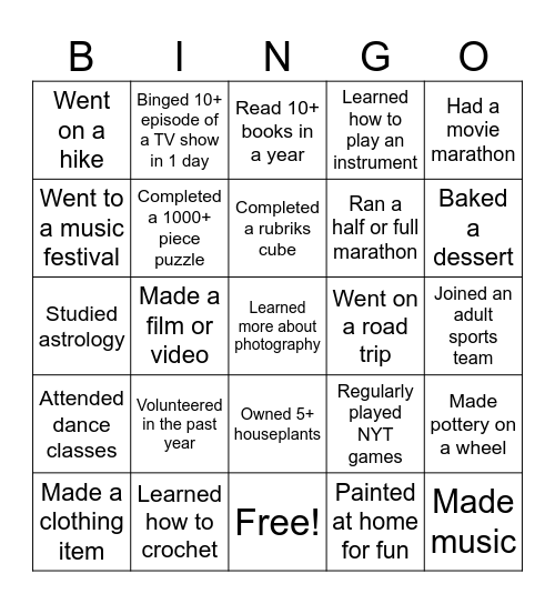 Hobbies Bingo Card