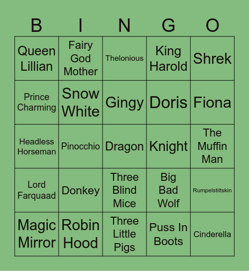 Shrek Birthday Bingo Card