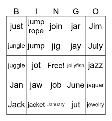 Letter "J" Bingo Card