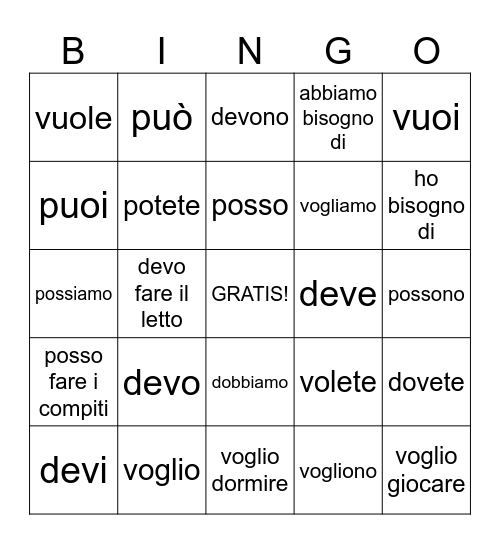 verbi servili Bingo Card