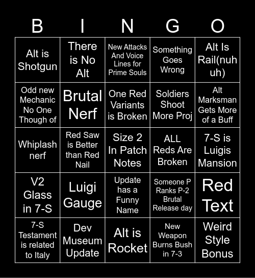 Ultrakill Update Bingo Card