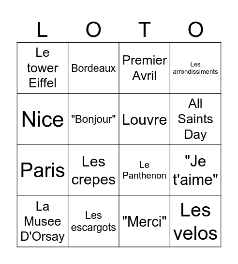 Le club francais LOTO Bingo Card
