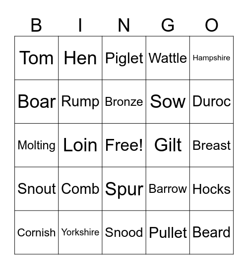 Swine and Poultry Bingo Card