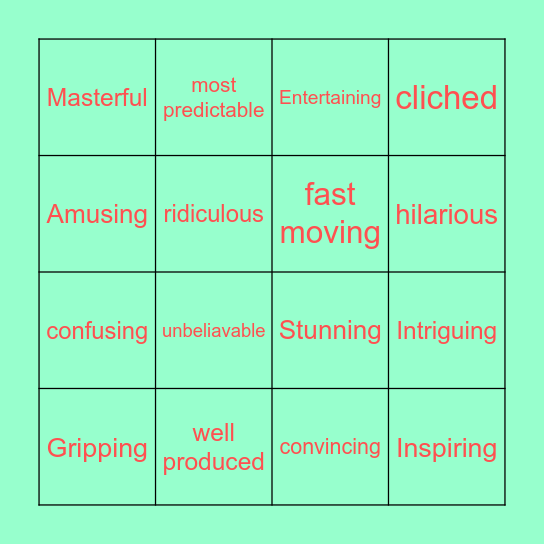 Adjectives to use in a review Bingo Card